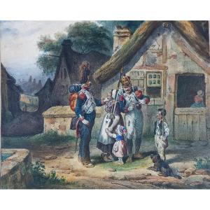 Hippolyte Bellange 1809-1866 "the Grenadiers' Halt" Pencil And Gouache Drawing 1829