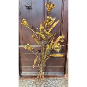 Bouquet Of Flowers In Wood And Gilded Metal, 19th Century, Church And Altar Decoration