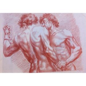 Ancient Gladiator Combat, Bare-tored, 18th Century Sanguine Engraving, Le Clerc And Auvray 