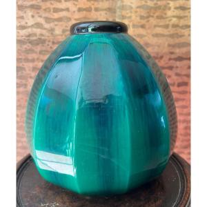 Paul Milet In Sèvres, Art Deco Vase In Green Glazed Porcelain