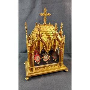 Gilt Bronze Reliquary Shrine, 19th Century, Gothic Style, Diocese Of Luçon, Vendée, Bishop Catt