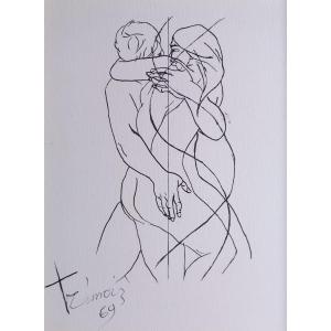 Pierre Yves Trémois Original Ink Drawing "the Embrace" 1969 Eroticism