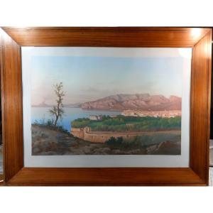 Gouache Of The Grand Tour City Of Sorrento And Bay Of Naples And Vesuvius E.spinosa