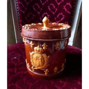 Tobacco Jar, Fine Earthenware From Apt Or Beauvaisis, Royalist Decoration With Fleur-de-lys XIX