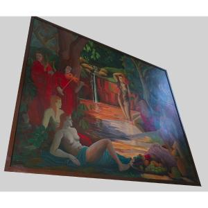 Large Oil On Wood. Women In The Bath