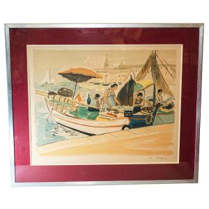 Yves Brayer, Lithograph, "marseille And The Merchants Of The Old Port"