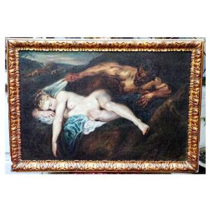 Oil On Canvas After Watteau, "nymph And Satyr" Called "jupiter And Antiope"