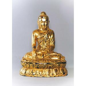 Buddha From Burma In Lacquered And Gilded Wood With Gold Leaf