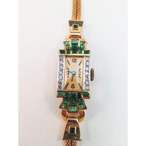 Art Deco Watch Diamonds Gold Emeralds