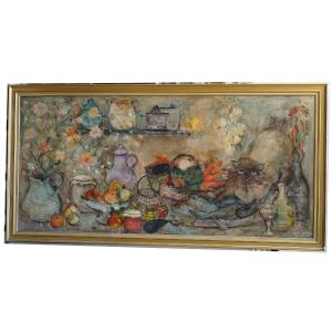 Georges Benoit, “still Life With A Cat”. Important Oil On Canvas.
