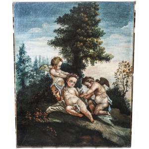“putti With A Crown Of Flowers”. Oils On Canvas. French School Late 18th Century, Early 19th Century