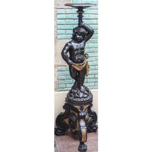Large Putto Servant In Black Wood Niii