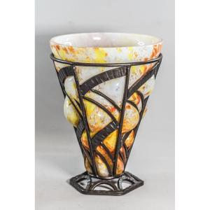 Blown Art Deco Vase, Wrought Iron Frame, Lorraine