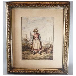 Girl On The Quays Of Bordeaux. Gouache Signed Lm