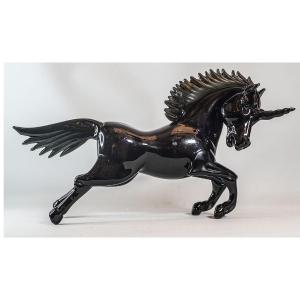 Unicorn Murano Campanella Glass, Black Crystal Sculpture