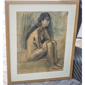 Seated Nude, Charcoal And Gouache On Paper