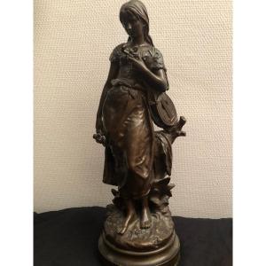 Hippolyte Moreau (1832-1927), Young Girl With A Mandolin, Bronze
