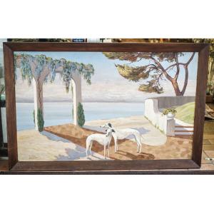 Roger Tarenne, Art Deco With Greyhounds, Oil On Panel