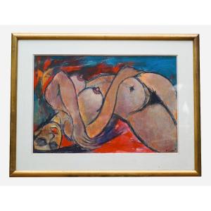 Pierre Sudré, Naked Woman. Oil On Paper Under Glass