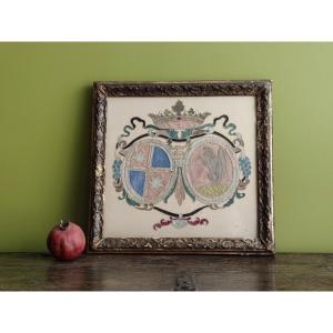 Alliance Coat Of Arms Embroidery With Bérain Frame, 18th Century