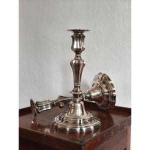 Pair Of Silver-plated Candlesticks With Coat Of Arms (marquis's Crown), 18th Century
