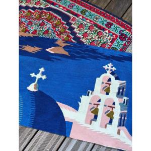 Small Hand-woven Tapestry Depicting A View Of A Greek Island (santorini), 20th Century
