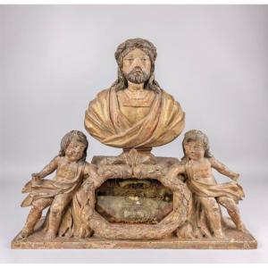 Reliquary Bust In Carved And Gilded Wood Of The Crowned Christ, Late 17th Century