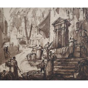View Of A Fountain, Ink And Brown Wash, Signed André Maire (1898-1984), Dated 1932
