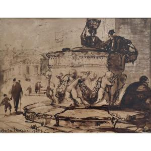 View Of A Fountain (venice), Ink And Brown Wash, Signed André Maire (1898-1984), Dated 1925