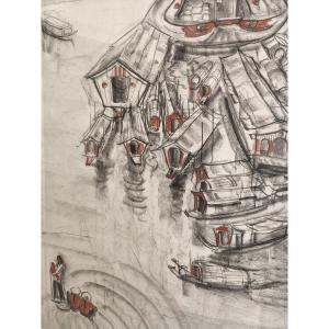 Boats On A River In Vietnam, Mixed Media, Signed André Maire And Dated 1959