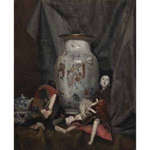 Still Life With Japanese Trinkets, Oil On Canvas, Signed Frank Scheidecker, Dated 1880