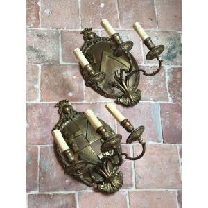 Pair Of Bronze And Brass Armorial Light Reflector Plates 19th Century