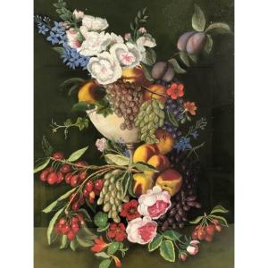 Large Pastel Signed Annie Faure (1940 – 2021), Still Life With Flowers And Fruits