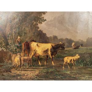 Andres Cortes (spanish Painter 1812-1879), Landscape With Cows And Sheep. Oil On Canvas XIX
