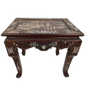 Coffee Table In Wood Inlaid With Mother-of-pearl, Decorated With A Lively Landscape. Vietnam Or South China