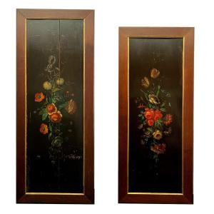 Two Antique Lacquered Wood Panels With Flower Decor