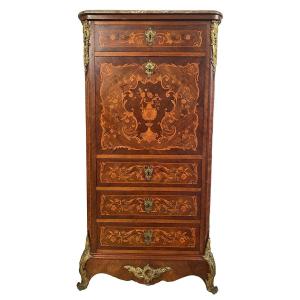 Inlaid Wooden Secretary With Marble Top. Napoleon III