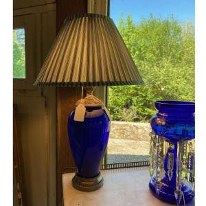 Risler And Carré. Large Blue Glass Lamp With Silver Frame, Minerva Hallmark.