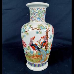 China, Porcelain Vase Decorated With Peacocks And Flowers