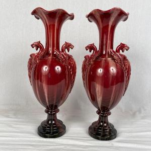 Pair Of Large Slipware Vases Decorated With Dragons In The Style Of Delphin Massier