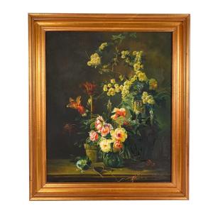 “bouquets Of Flowers On An Entablature”, Framed Oil On Canvas. 20th Century