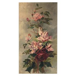 Still Life With Roses. Oil On Canvas Signed M. Mazzela, Circa 1900