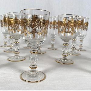 Set Of Sixteen Crystal Glasses Engraved With Gold Decorations