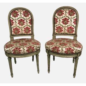 Pair Of Louis XVI Style Chairs, Molded Beechwood, Grey Lacquered. 19th Century