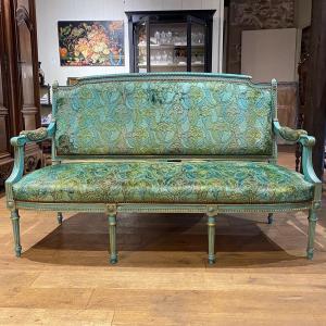 Louis XVI Style Bench In Blue Lacquered Wood With Gold Trim