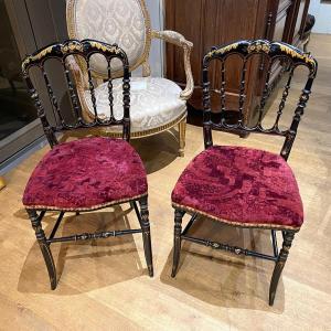 Pair Of Napoleon III Chairs, Black Lacquered Wood With Gold Trim