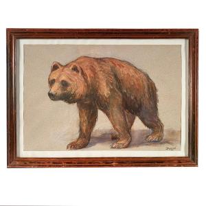 "brown Bear", Gouache On Paper Framed Under Glass, Signed Dongé