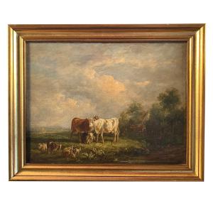 "landscape With Cows And Goats", Framed Oil On Canvas. 19th Century