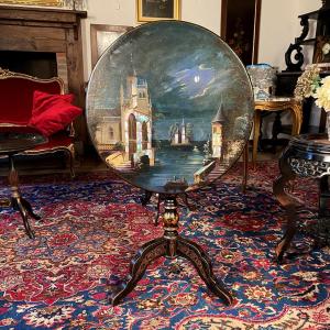 Napoleon III Tilting Pedestal Table Decorated With A Painted Landscape And Inlaid With Mother-of-pearl