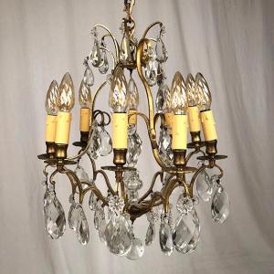 Cage Chandelier In Bronze And Gilt Brass With Glass Pendants
